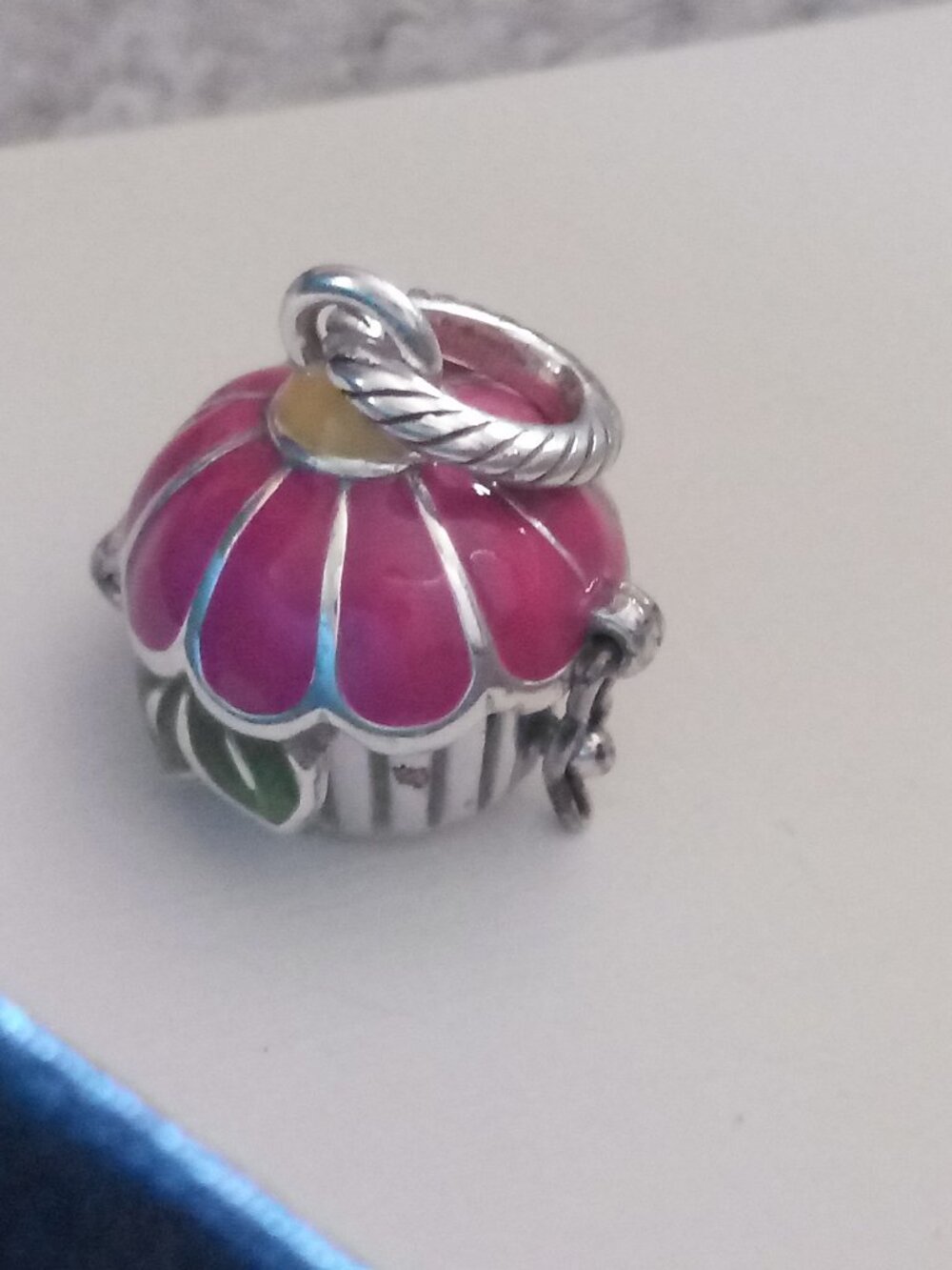 Vintage Brighton Pink Flower Cupcake Locket – Enameled Silver Tone Charm